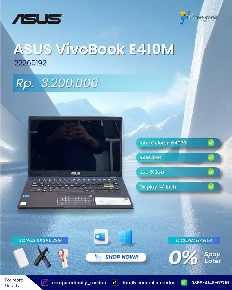 ASUS VIVOBOOK E410M INTEL CELERON N4020 RAM 4GB SSD 512GB NUMPAD