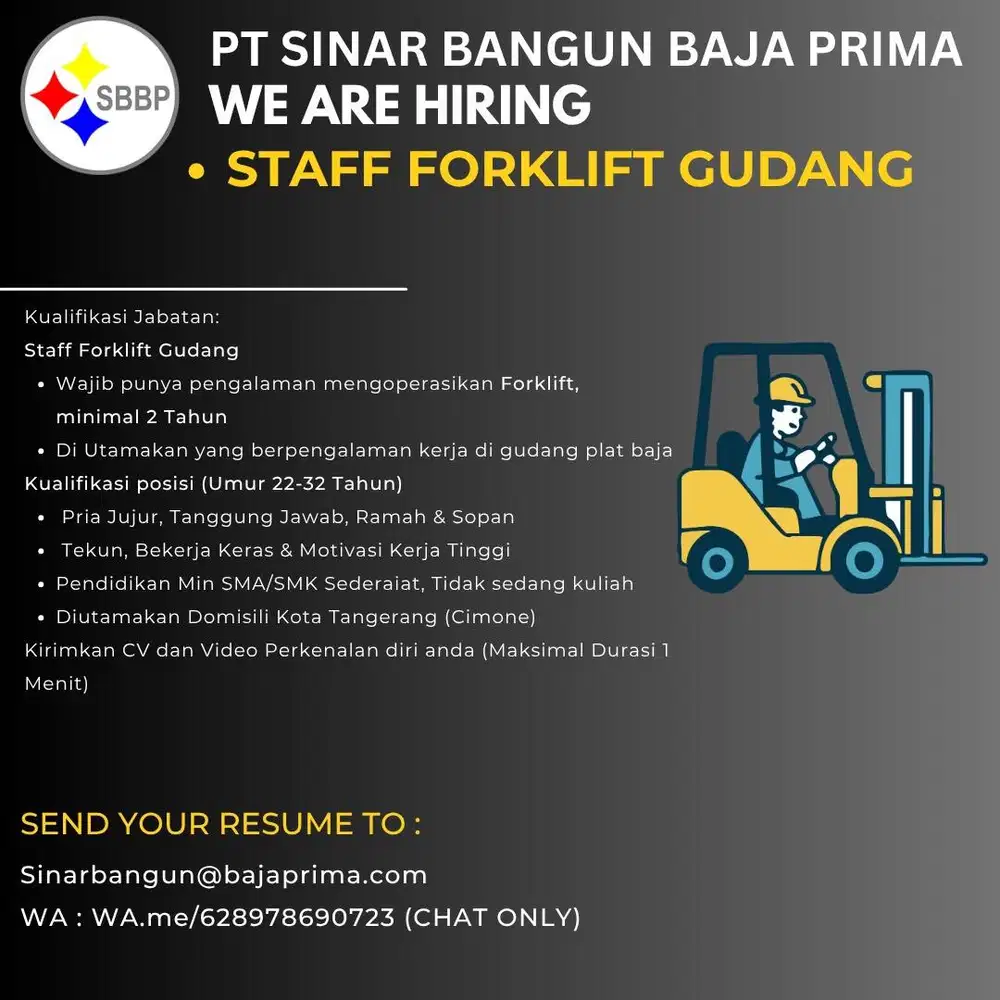 Di cari Staff Gudang yang bisa Forklift