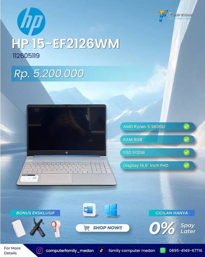 LAPTOP HP 15-EF2126WM AMD RYZEN 5-5500UU RAM 8GB SSD 256GB
