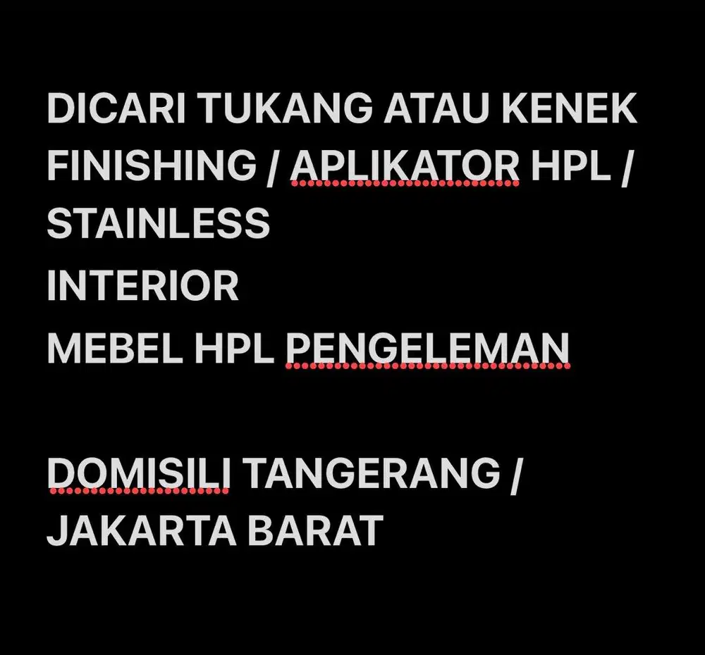 DICARI TUKANG FINISHING HPL ATAU STAINLESS INTERIOR