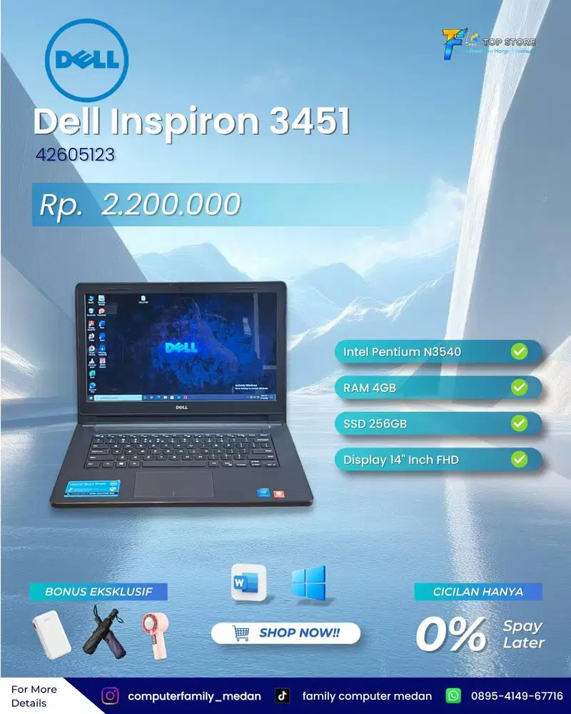 LAPTOP DELL INSPIRON 3451 INTEL PENTIUM CPU N3540 RAM 4GB SSD 256GB
