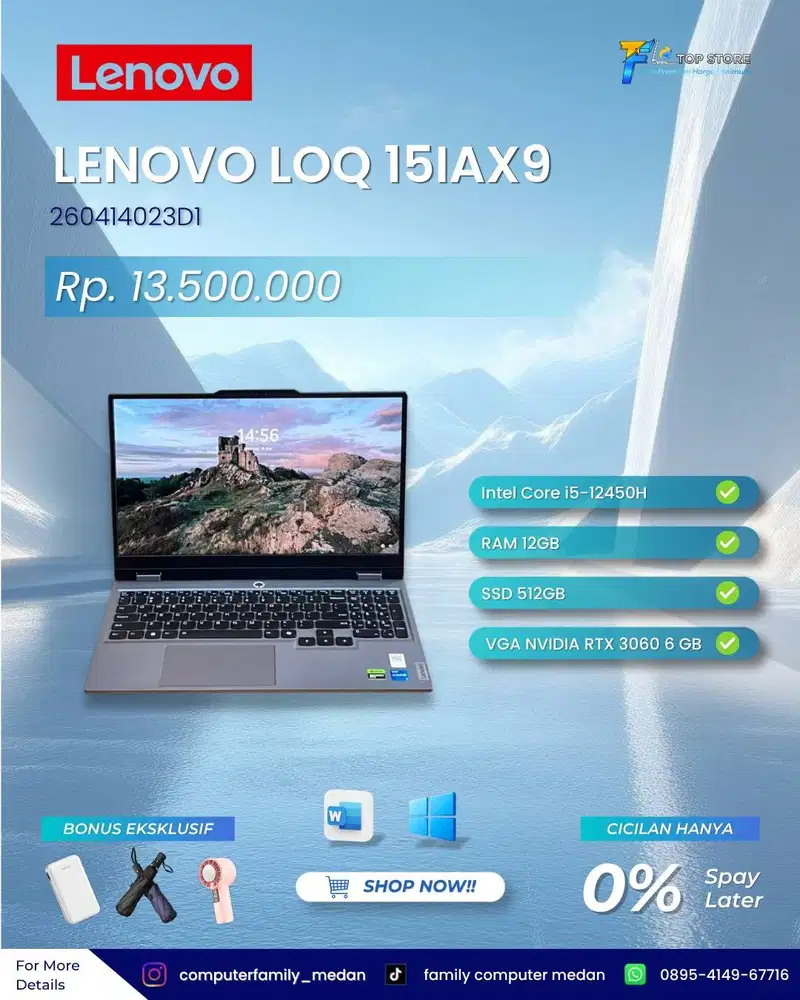 LAPTOP LENOVO LOQ 15IAX9 12TH INTEL CORE I5-12450 RAM 12GB SSD 512GB
