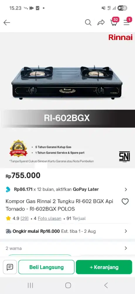 Kompor gas rinnai ri602bg