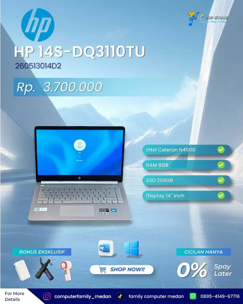 LAPTOP HP 14S-DQ3110TU INTEL CELERON N4500 RAM 8GB SSD 256GB