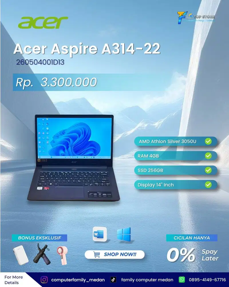 LAPTOP ACER ASPIRE A314-22 RAM 4GB SSD 256GB AMD ATHLON SILVER 3050U
