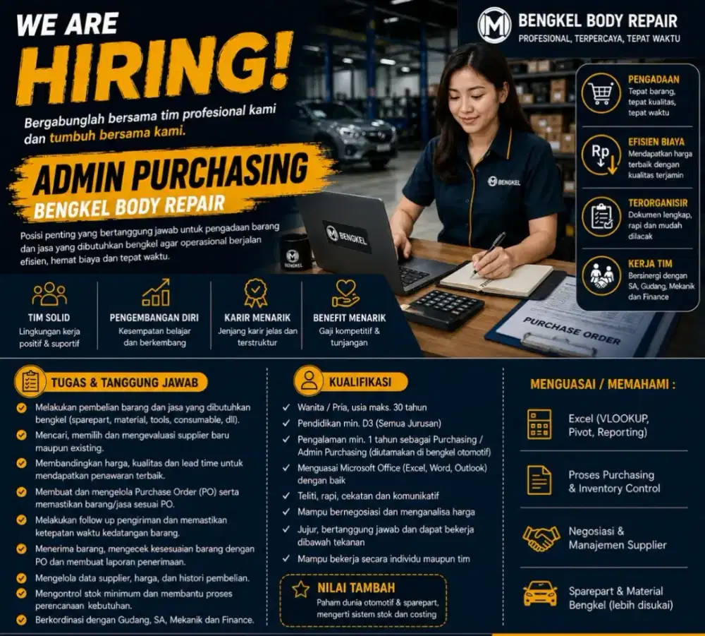 Dicari admin support bengkel