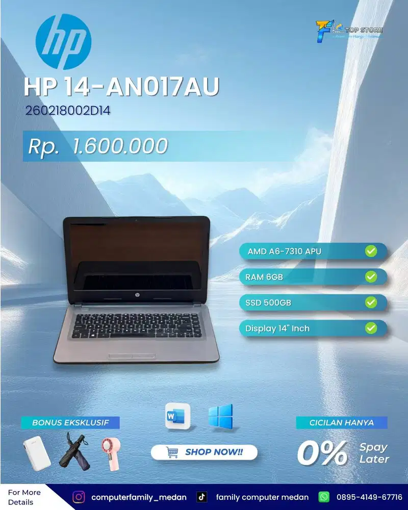 LAPTOP HP 14-AN017AU AMD A6-7310APU RAM 6GB HDD 500GB