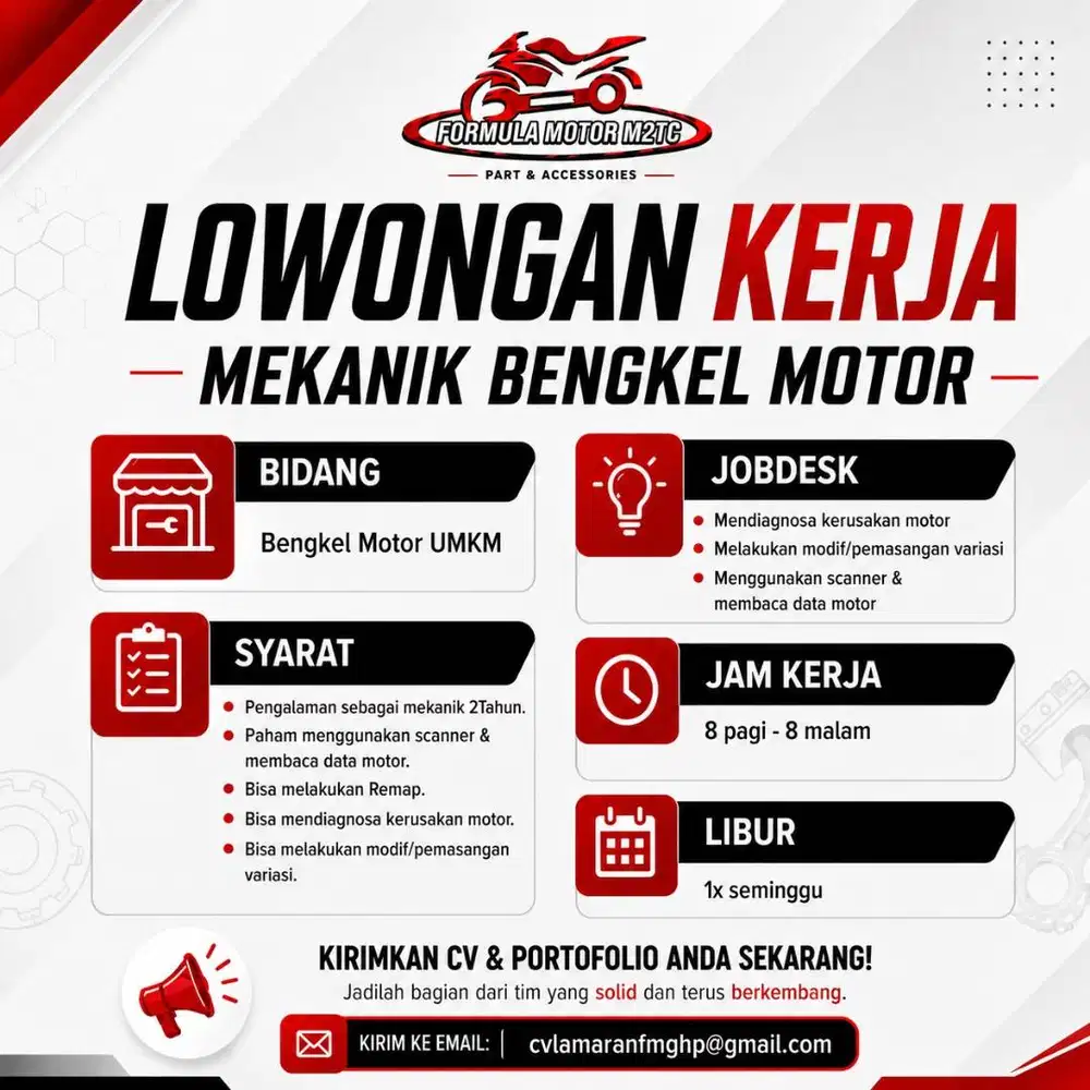 DIBUTUHKAN MEKANIK BERPENGALAMAN UNTUK BENGKEL MOTOR