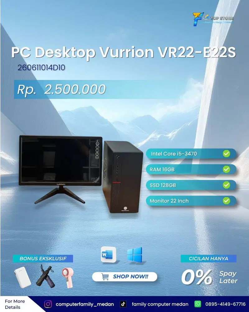 PC DEKSTOP VURRION VR22-E22S MONITOR 22INCH INTEL CORE I5-3470 RAM 16G