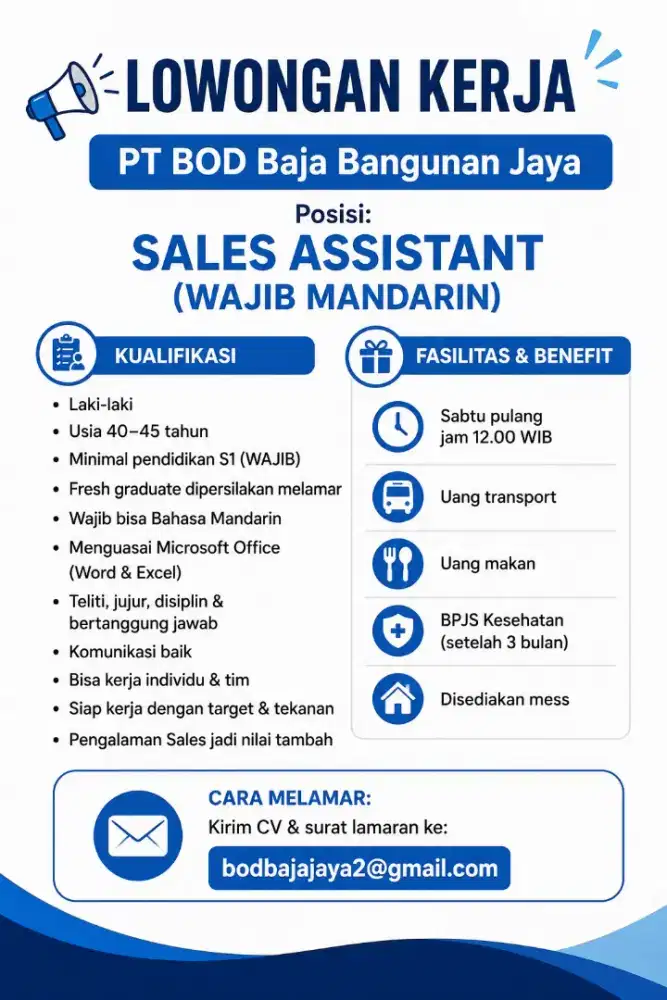 Sales Assistant (WAJIB MANDARIN)