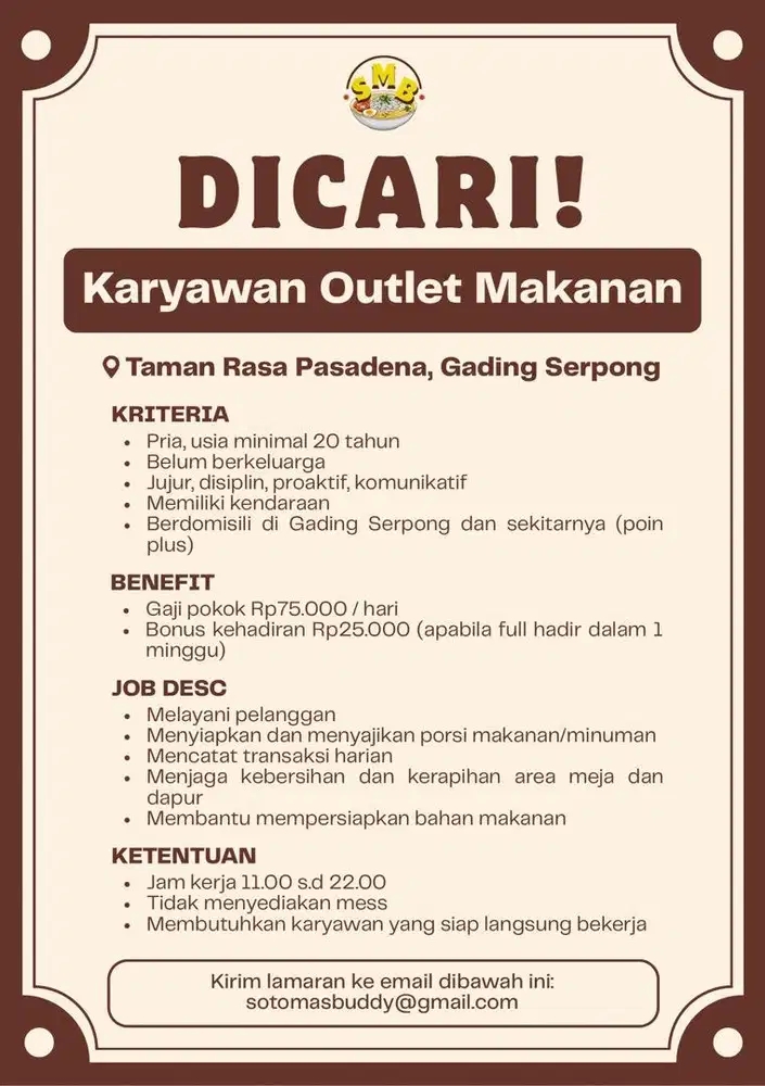 LOWONGAN KERJA KARYAWAN OUTLET FULL TIME - GADING SERPONG