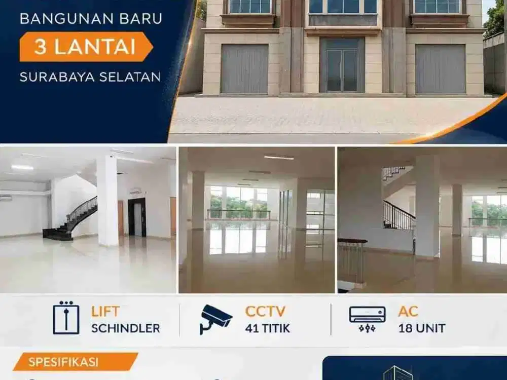 HOT LISTING Gedung Komersial NEW SIAP PAKAI 3 Lantai Di Jemursari Surabaya Selatan
 Lift Schindler
CCTV 41 titik
AC 18 unit

Luas 800 M² - 20 x 40
LB/Lantai 500M² 
20 x25 -  3 lantai
LB TOTAL 1500m²
Hadap utara | SHGB | PDAM
Listrik 41.500 KVa

Special Pr
