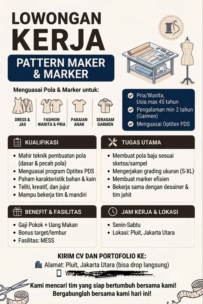 dicari pattern making tukang pola sample room marker konveksi garment