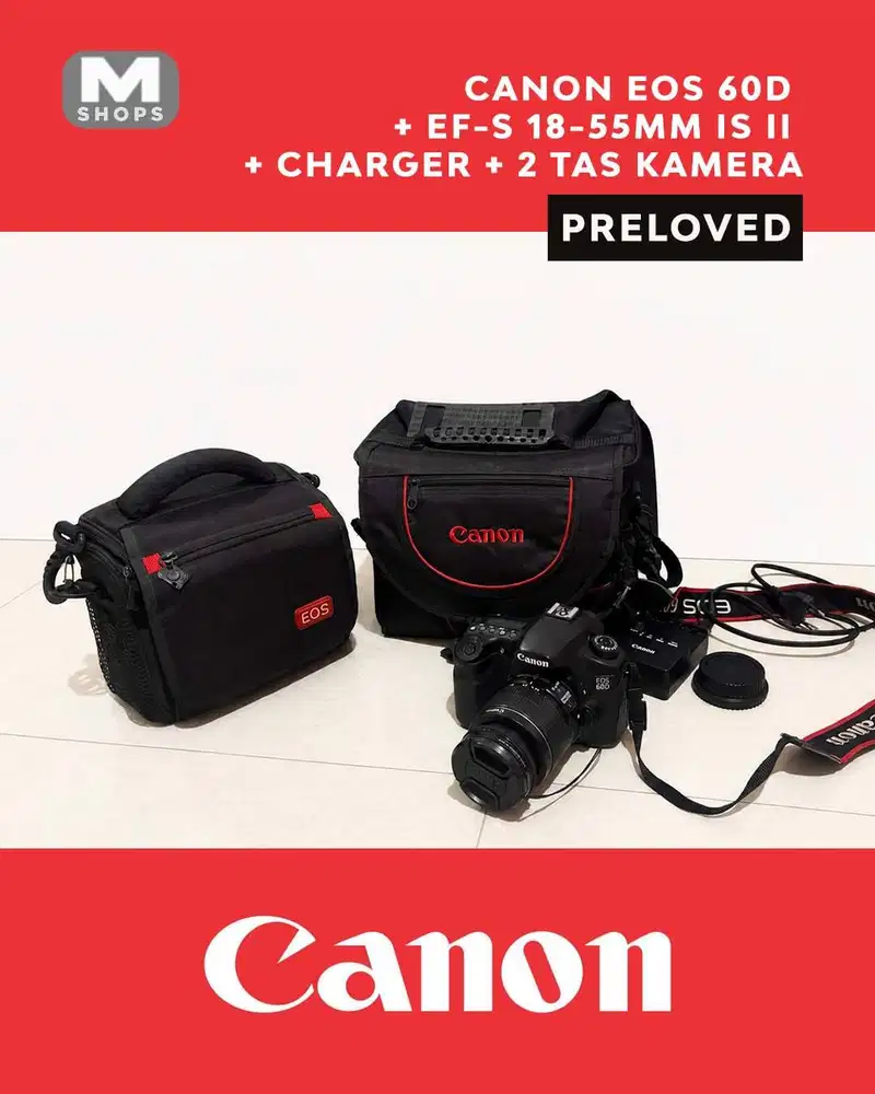 Canon EOS 60D + EF-S 18-55mm IS II + Charger + 2 Tas Kamera (preloved)