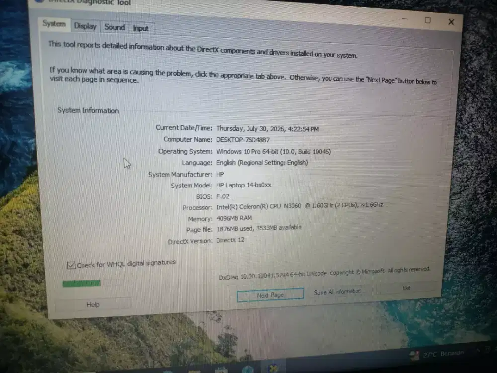 Hp lactop 14-bs0xx ram 4 SSD 128 mlus minus speaker kecil unit charger