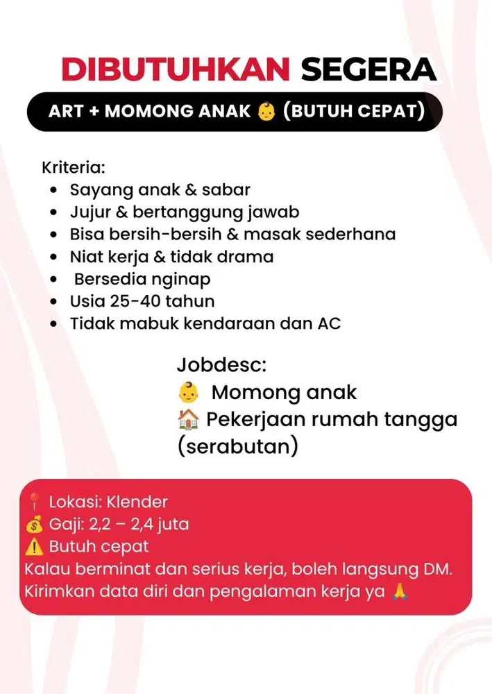 Dicari art nginap + momong anak | klender | Gaji 2,2-2,4juta