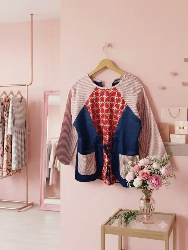 Blouse Batik Etnik Modern Kimono Merah Navy - Auto Slim & Cantik!