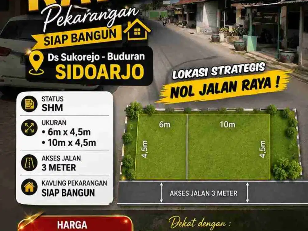Sisa 4 Unit Tanah Kavling Pekarangan Murah siap Bangun di Desa Sukorejo, Buduran, Sda