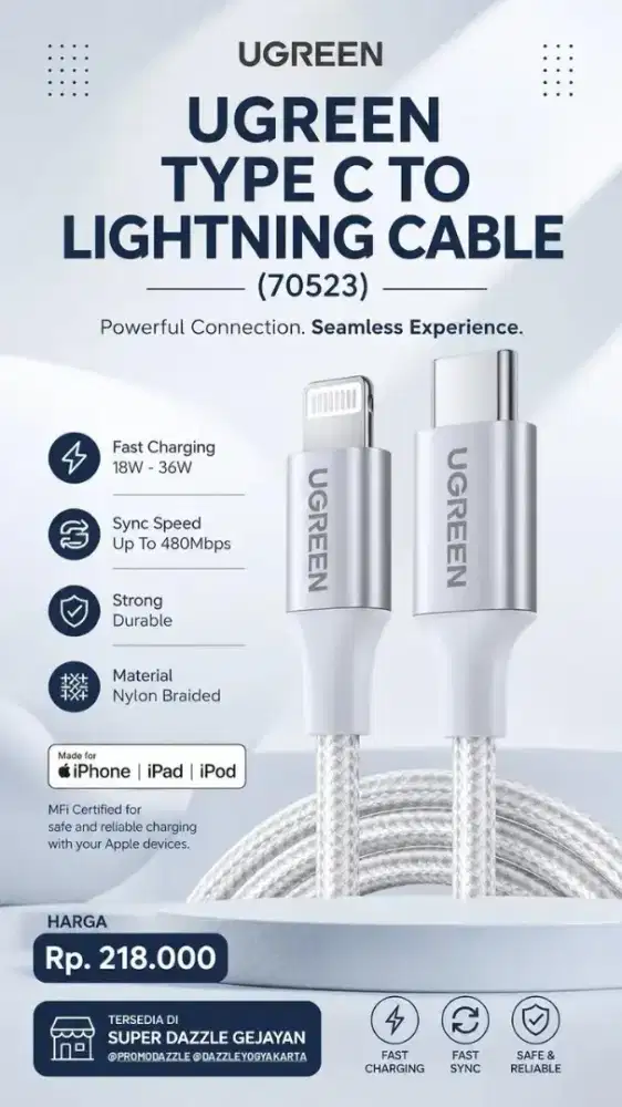 UGREEN TYPE C TO LIGHTNING CABLE MFI (70523, 60759)