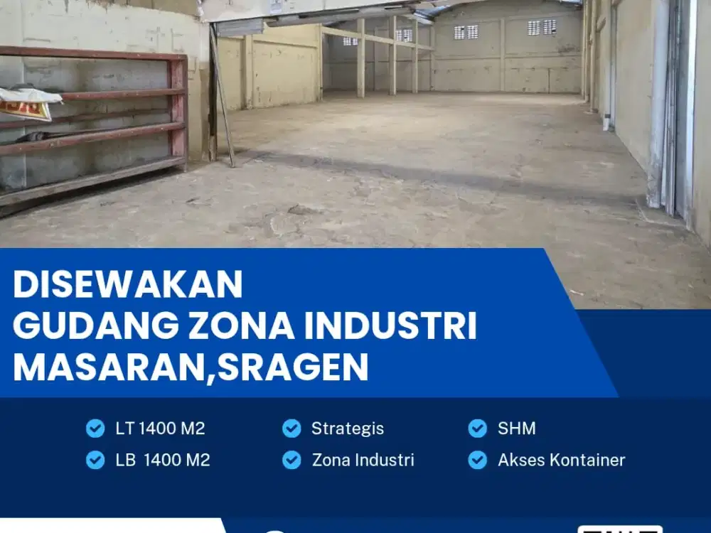 Disewakan Gudang Kawasan Industri Lokasi Super Strategis Masaran, Sragen Luas 1400m2