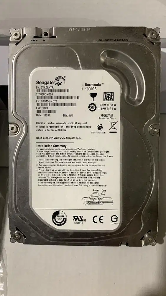HDD Seagate Barracuda 1TB 3.5” SATA – Normal – Siap Pakai