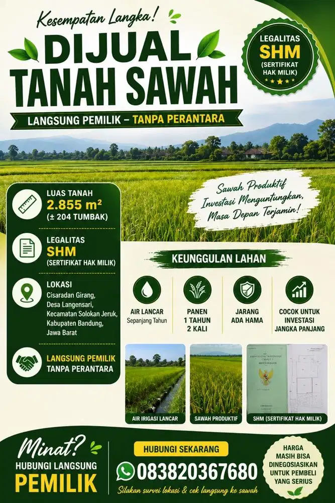 Dijual tanah sawah SHM - Langsung pemilik
