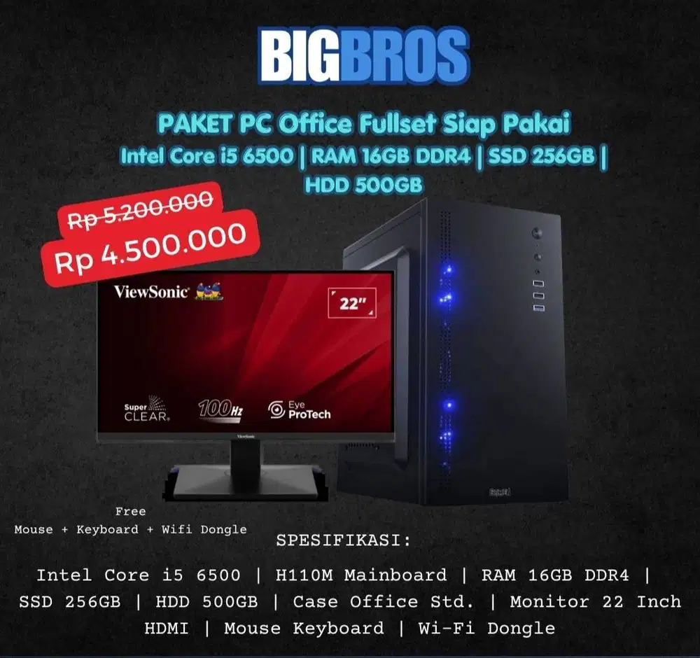 Paket PC Kantoran Fullset Intel i5 6500 | RAM 16GB DDR4 | SSD 256GB