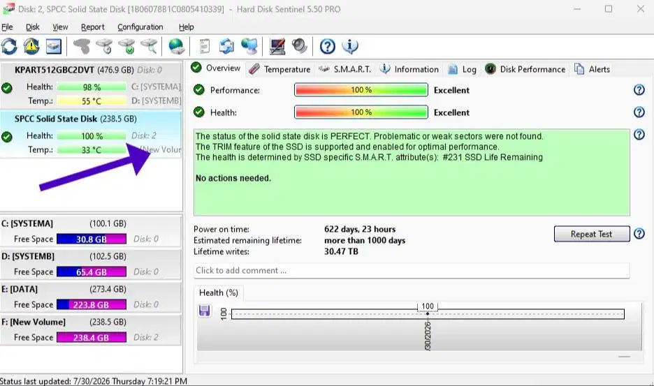 SSD merek SPCC 256GB - Bekas, sehat, sentinel 100%