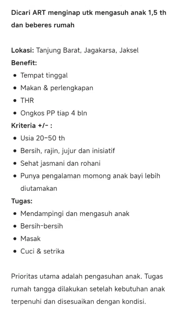 Dicari ART menginap beberes dn momong anak 1,5 th tanjung barat jaksel