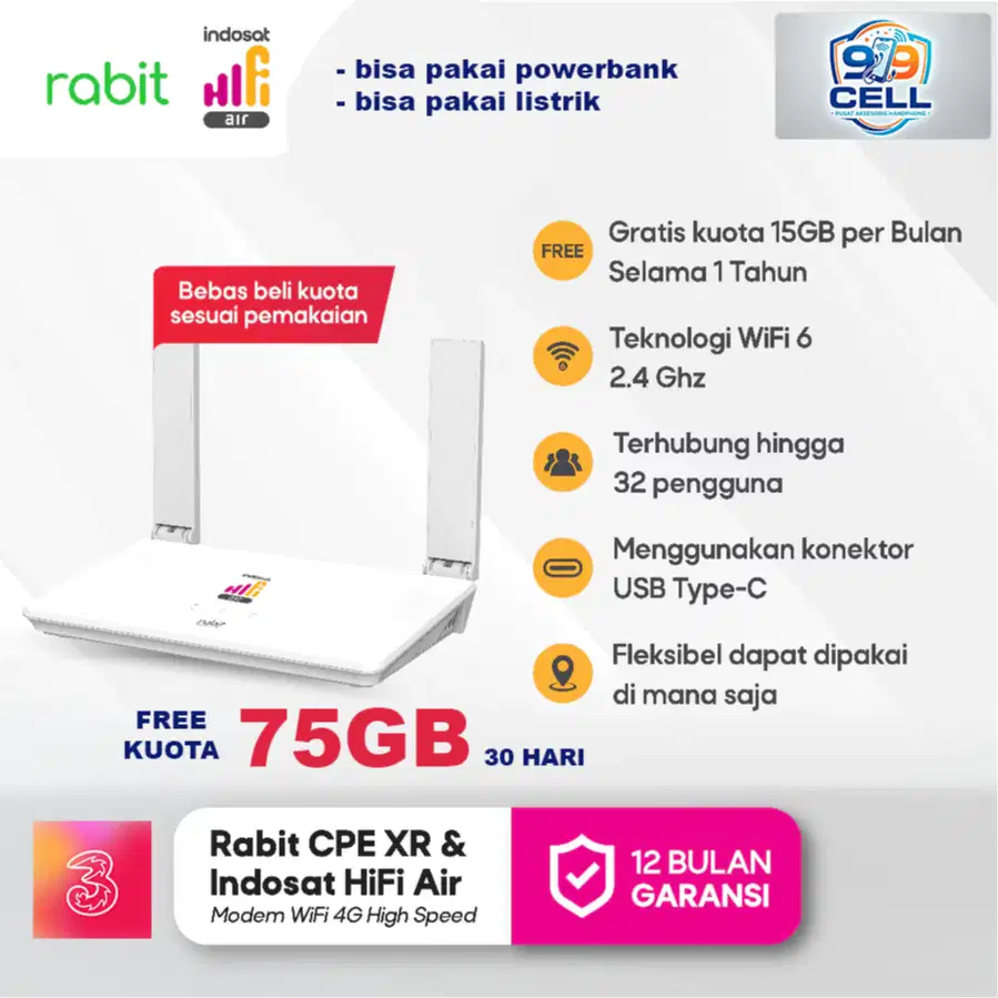 hifi RABIT CPE Modem Wifi Router 4G LTE Indosat Hifi Air bonus 75gb