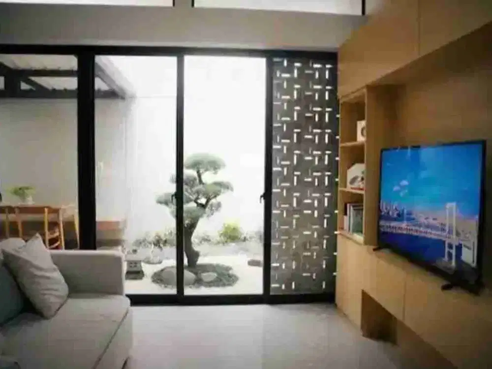 Rumah full furnish design Jepang dengan KT3, AC, waterheater, taman, kulkas, microwave, kompor gas, gordyn