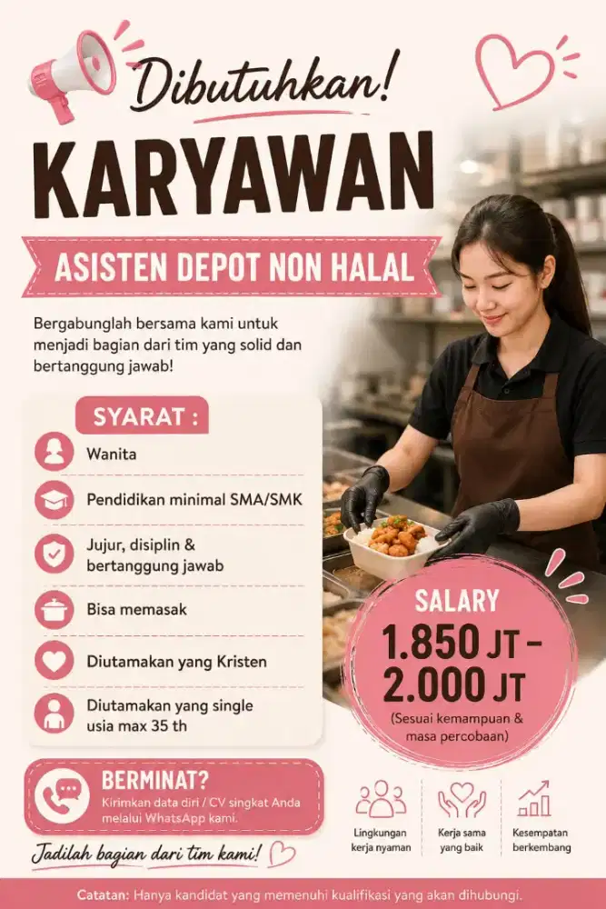 Dicari karyawan Asisten Dapur Depot NON HALAL