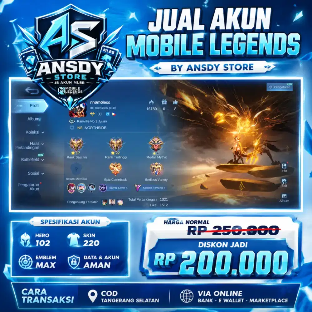 JUAL AKUN MLBB SKIN 220 HERO 102 EMBLEM MAX