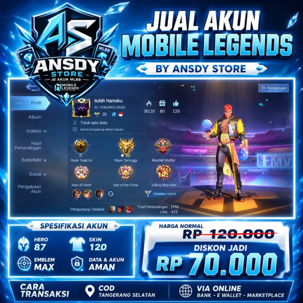 JUAL AKUN MLBB SKIN 120 HERO 87 EMBLEM MAX