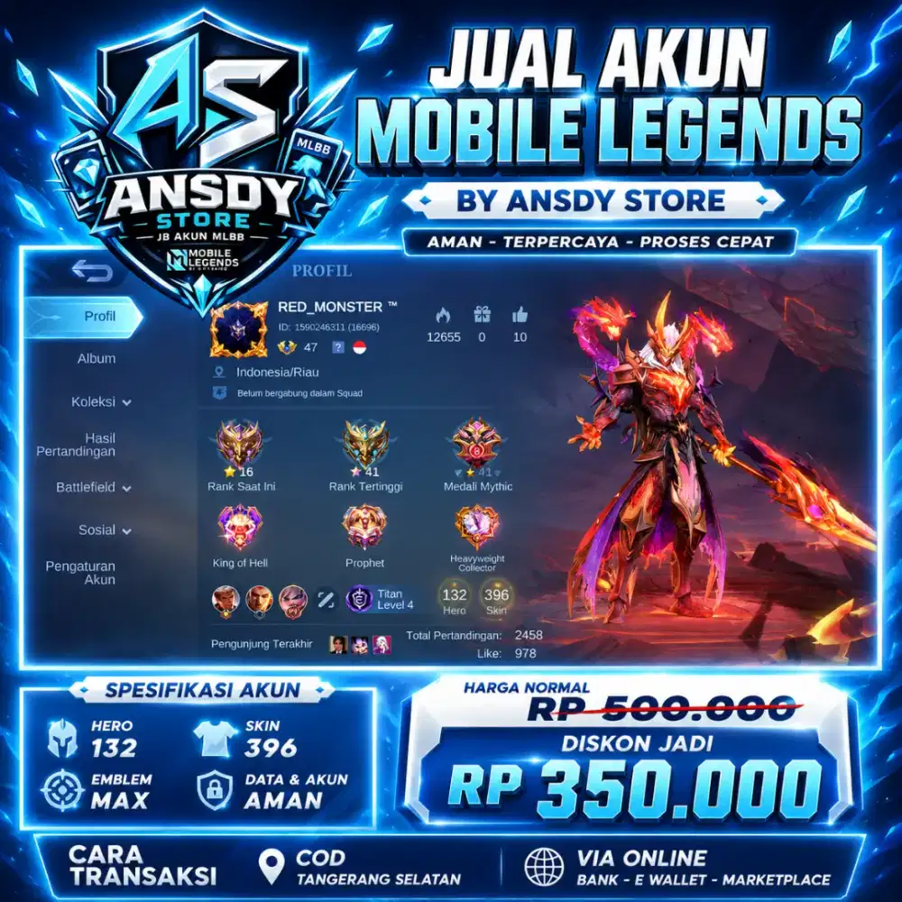 JUAL AKUN MLBB SKIN 396 HERO 132 EMBLEM MAX
