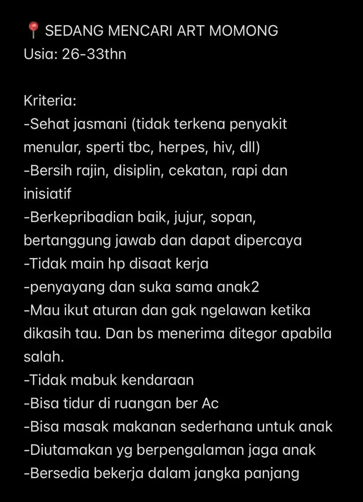 Lowongan untuk ART Momong Nginap (plg 1thn 1x)
