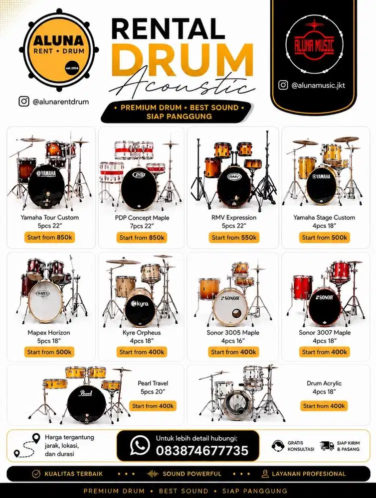Aluna Music sewa rental 16 set drum akustik dan electric