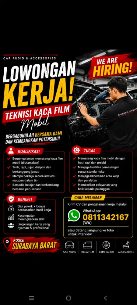 Lowongan teknisi kaca film di toko variasi mobil