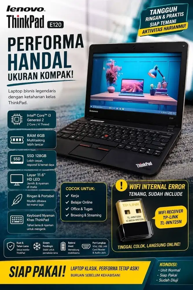 Laptop lenovo thinkpad E120 siap pakai