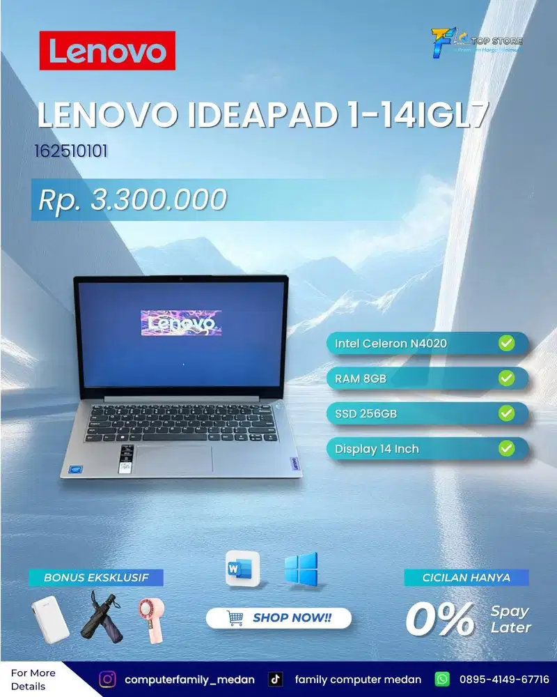 LENOVO IDEAPAD 1-14IGL7 INTEL CELERON N4020 SSD 256 RAM 8GB LIKE NEW