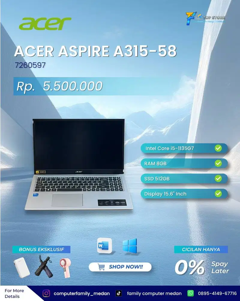 ACER ASPIRE A315-58 INTEL CORE I5-1135 H7 SSD 512 RAM 8GB