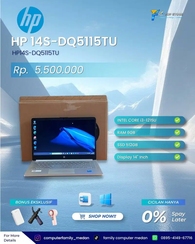 HP 14S-DQ5115TU 14INCH FHD CORE I3-1215U RAM 8GB SSD 512GB FULLSET LIK