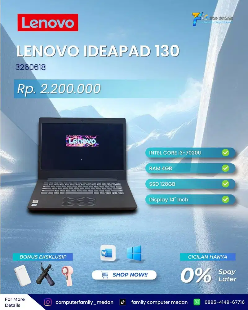 LAPTOP LENOVO IDEAPAD 130 14 INCH HD CORE I3 7020U RAM 4 SSD 128GB