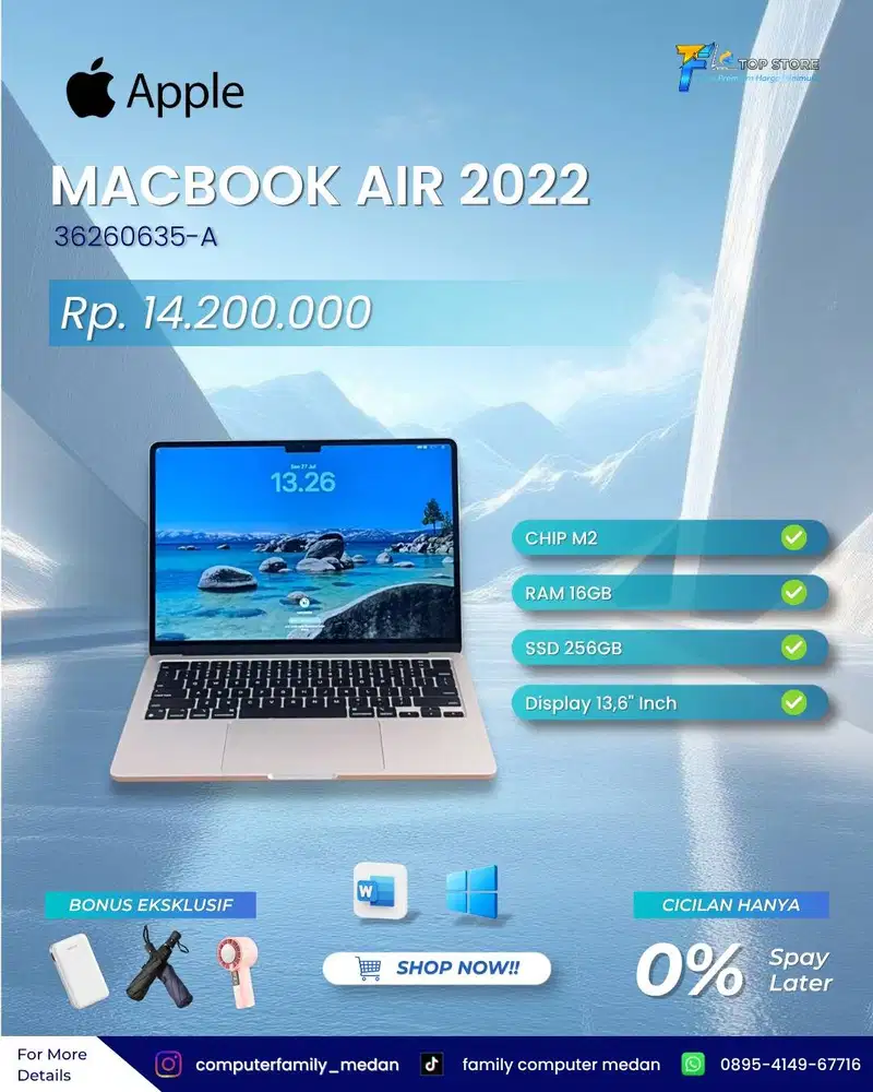 MACKBOOK AIR 2022 M2 13,6 INCH SSD 256/16GB  GARANSI RESMI MARET 2027L