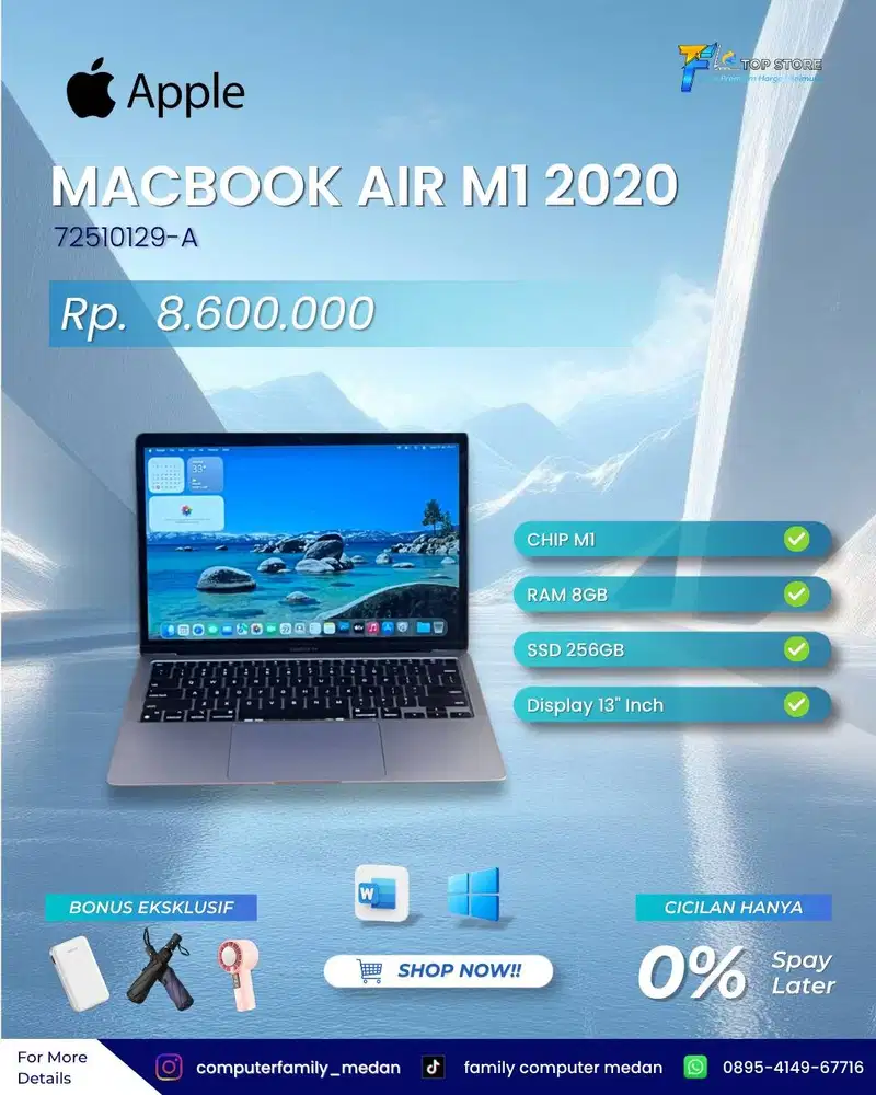 MACKBOOK APPLE AIR CHIP M1 2020 RAM 8GB SSD 256GB 13INCH BH 87% EX IBO