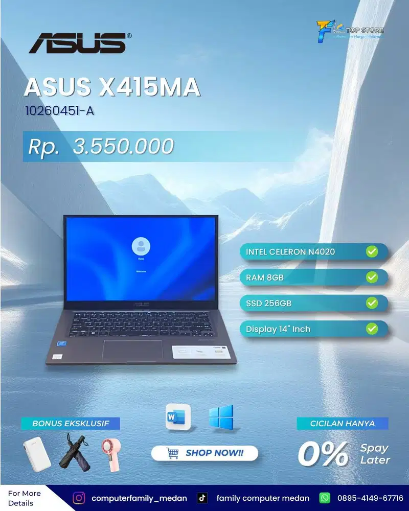 LAPTOP ASUS VIVOBOOK X415MA CELERON N4020 SSD 256 RAM 8GB LIKE NEW