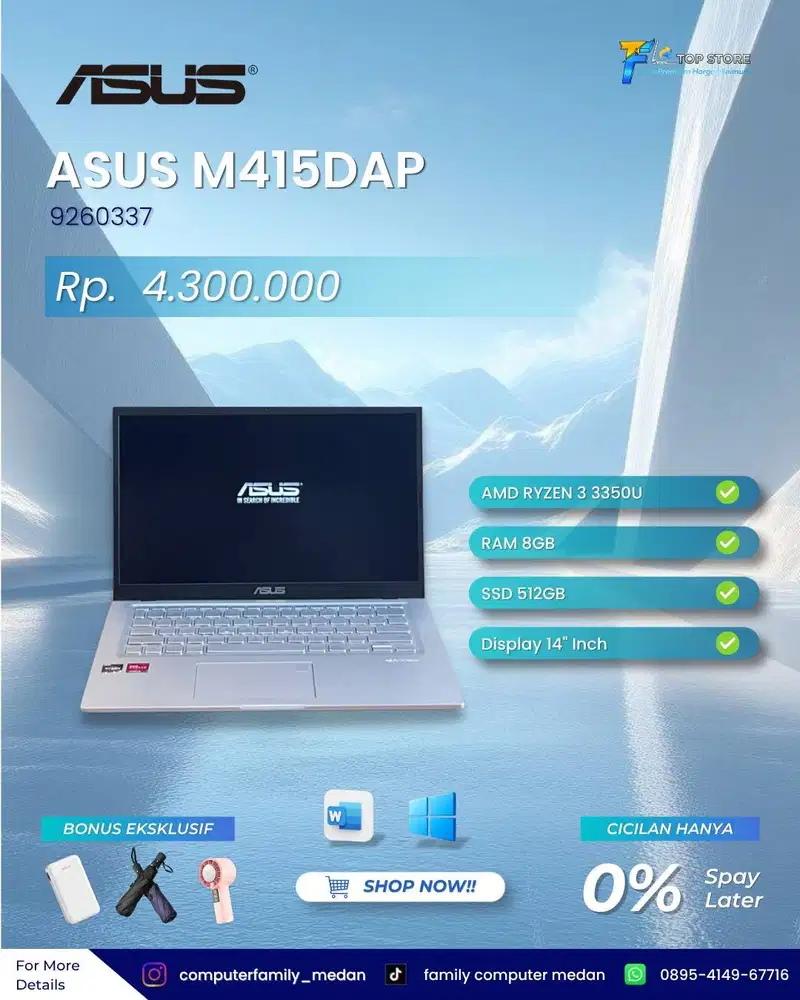 LAPTOP ASUS VIVOBOOK M415 DAP AMD RYZEN 3 SERI 3350U SSD 512 RAM 8GB B
