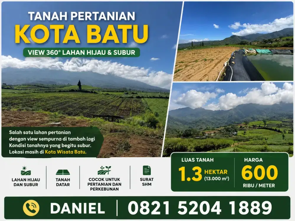 Lahan Subur 1,3 Hectare di Kota Batu — SHM, Datar & View 360° Pegunungan