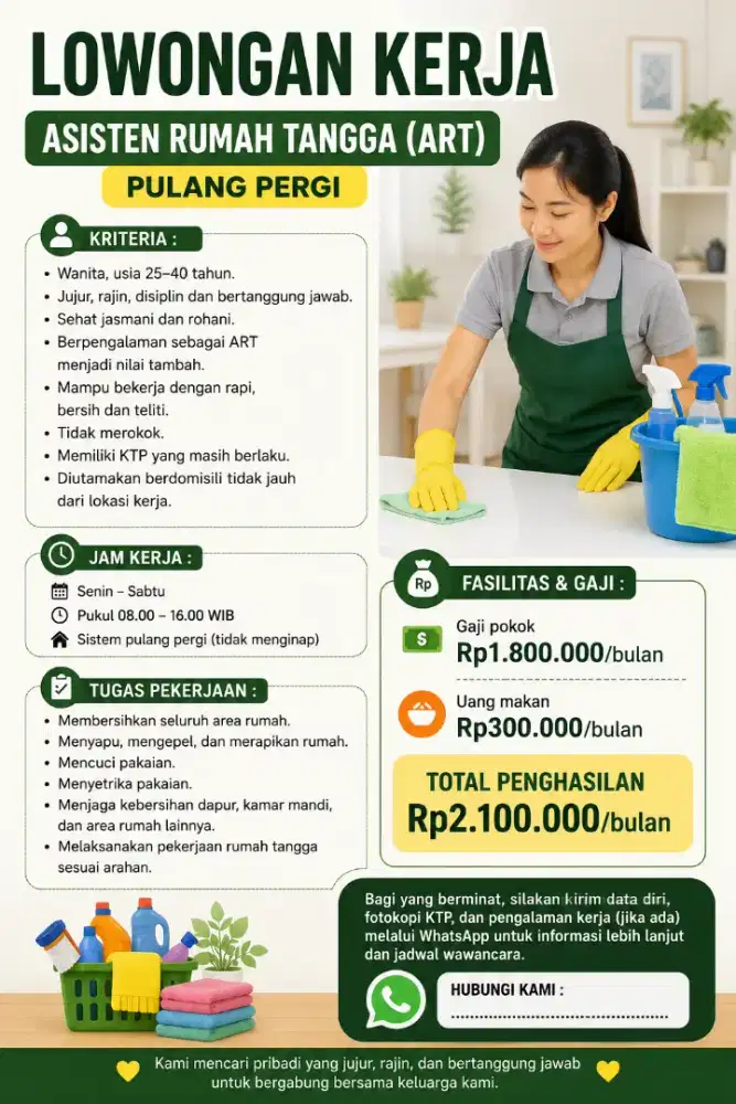 LOWONGAN KERJA ASISTEN RUMAH TANGGA (ART) – PULANG PERGI