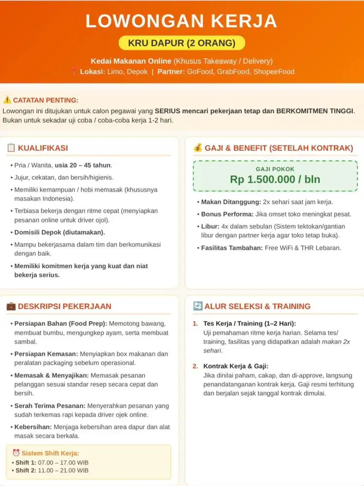 LOWONGAN KERJA: KRU DAPUR (2 ORANG)
